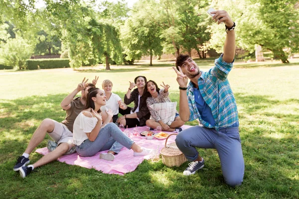 friendship, leisure and technology concept - group of happy smiling friends taking selfie by smartphone chilling on picnic blanket at summer park