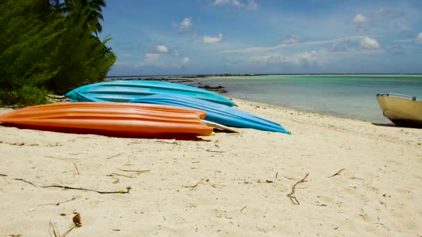 Kayaks moored on beach in french polynesia — Stock Video