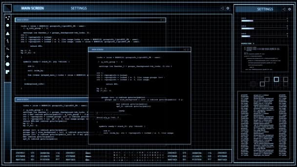 Virtueller Bildschirm mit Computercodierung über schwarz — Stockvideo