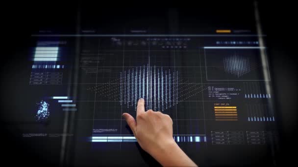 La mano toca la pantalla virtual con la representación del cubo 3d — Vídeo de stock