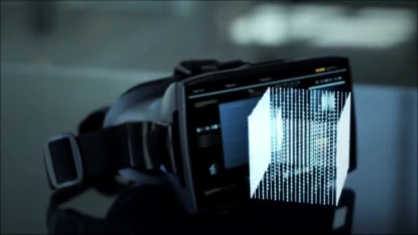 Teknik Och Förstärkt Verklighet Koncept Headset Med Virtuell Kub Hologram — Stockvideo