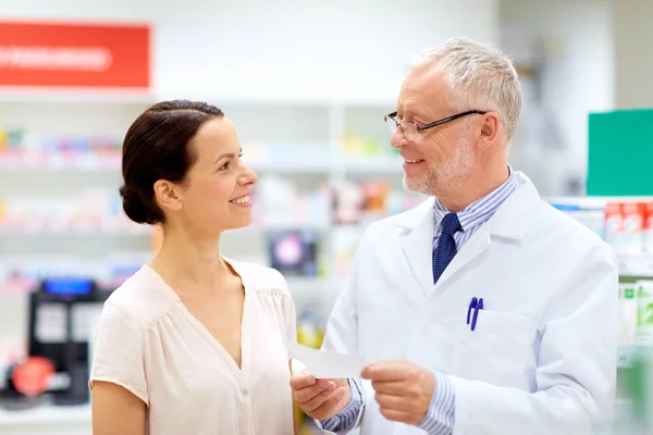 Boticario y mujer con receta en la farmacia — Foto de Stock