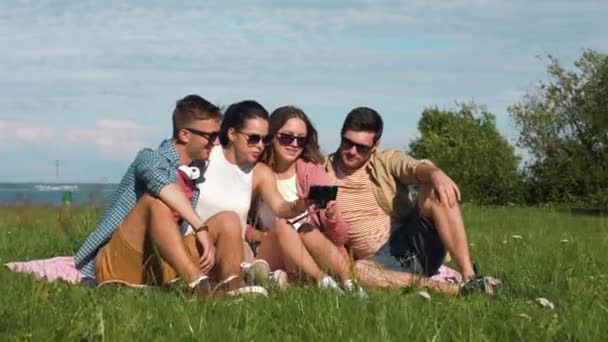 Friends reviewing pictures on smartphone at park — Stock Video