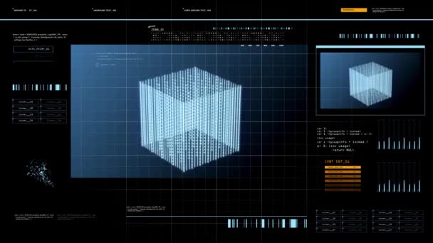 Віртуальний екран з кубиком 3d візуалізації над чорним — стокове відео