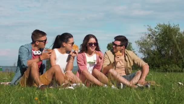 Friends eating pizza at picnic in tallinn park — Stock Video