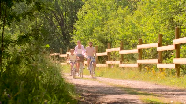 Щасливі сімейні велосипеди в літньому парку — стокове відео