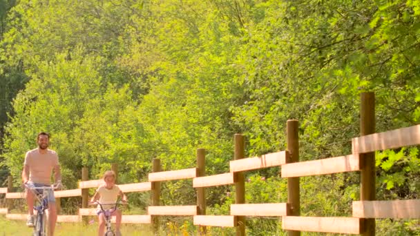 Отец и дочь катаются на велосипедах в летнем парке — стоковое видео