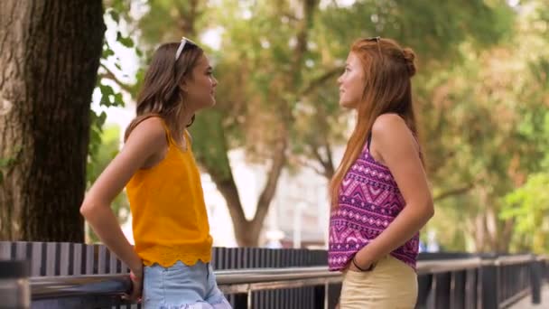 Teenage girls or friends talking in summer park — Stock Video