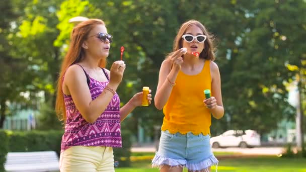 Tienermeisjes waait bubbels in zomer park — Stockvideo