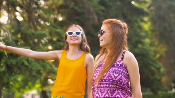 Tonårsflickor eller vänner vandrar i sommaren park — Stockvideo