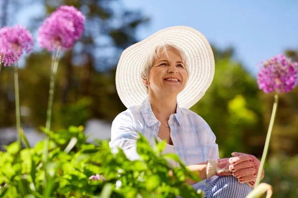 Mulher sênior com flores de allium no jardim de verão — Fotografia de Stock