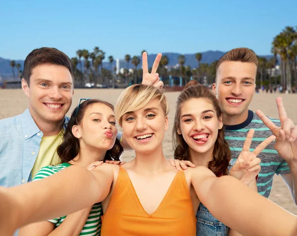 Happy přátelé s selfie a ukazuje míru — Stock fotografie
