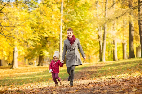 Mãe feliz e filha pequena no parque de outono — Fotografia de Stock