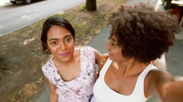 Mulheres felizes ou blogueiros gravando vídeo no parque — Vídeo de Stock