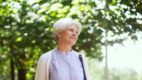 Feliz mujer mayor caminando a lo largo del parque de verano — Vídeos de Stock