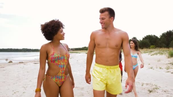 Gemengd ras paar wandelen langs het strand met vrienden — Stockvideo