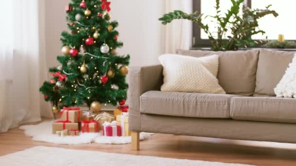 Christmas tree, gifts and sofa at cozy home — Stock Video