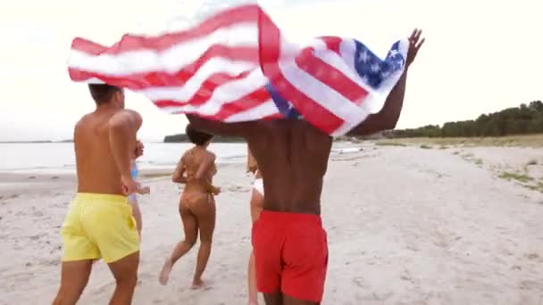 Amici con bandiera americana in esecuzione sulla spiaggia estiva — Video Stock