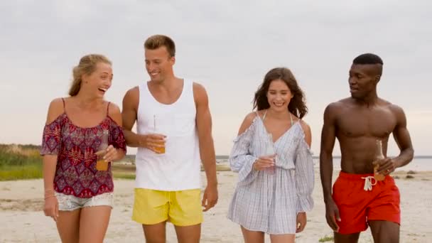 Amis avec boissons non alcoolisées marchant sur la plage — Video