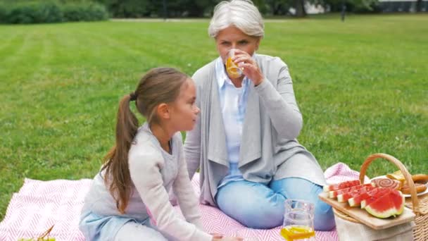 Mormor och barnbarn på picknick i parken — Stockvideo