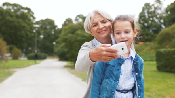 休闲和技术概念 快乐的祖母和孙女采取自拍智能手机在夏季公园 — 图库视频影像
