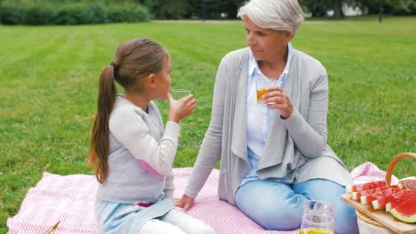 Бабушка и внучка на пикнике в парке — стоковое видео
