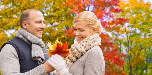 Pareja sonriente con hojas de arce en el parque de otoño —  Fotos de Stock
