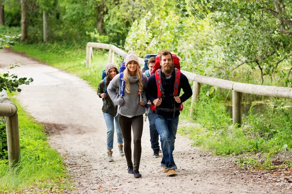 Happy friends or travelers hiking with backpacks — Stock Photo, Image