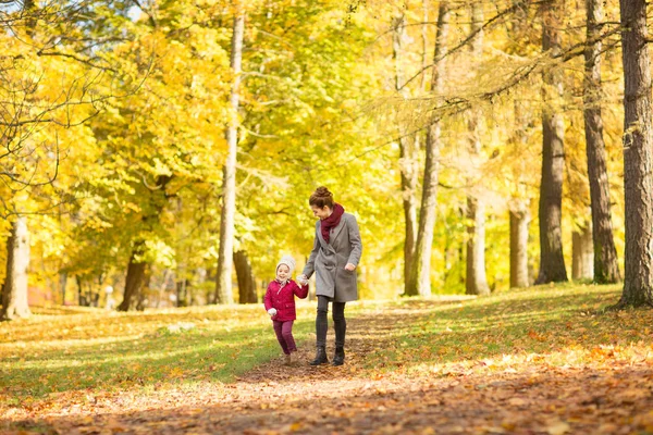 Gelukkig moeder en dochtertje in herfst park — Stockfoto