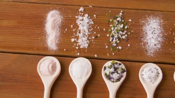 Skedar med salt och kryddor på träbord — Stockvideo