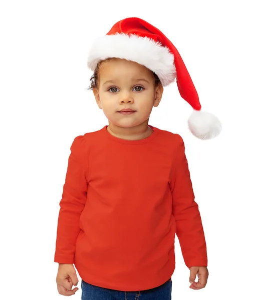 Baby flicka i santa hatt över vit bakgrund — Stockfoto