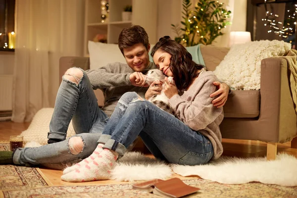 Casal feliz com gato em casa — Fotografia de Stock