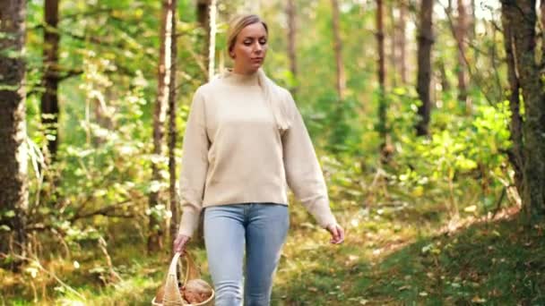 Mujer joven recogiendo setas en el bosque de otoño — Vídeo de stock