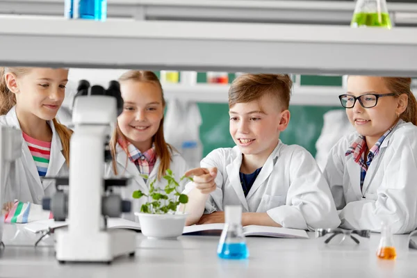 Дети или студенты с растениями на уроке биологии — стоковое фото