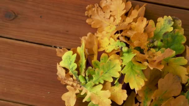 Hojas de roble en colores otoñales sobre mesa de madera — Vídeos de Stock