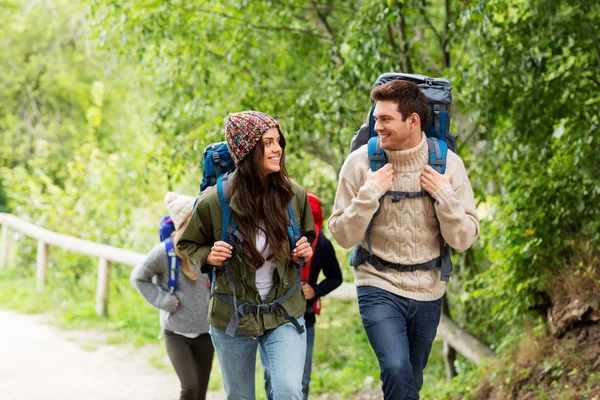 远足和人的概念 一群快乐的朋友或旅行者背包 — 图库照片
