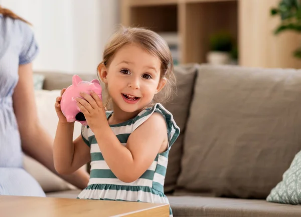 Savings Finances Concept Happy Little Girl Piggy Bank Home — Stock Photo, Image