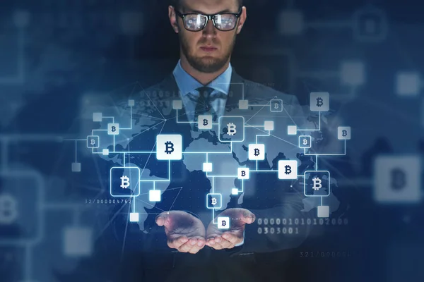 Close up of businessman with bitcoin block chain — Stock Photo, Image