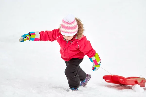 Dziewczyna z sanki wspinaczki wzgórzu śniegu w zimie — Zdjęcie stockowe