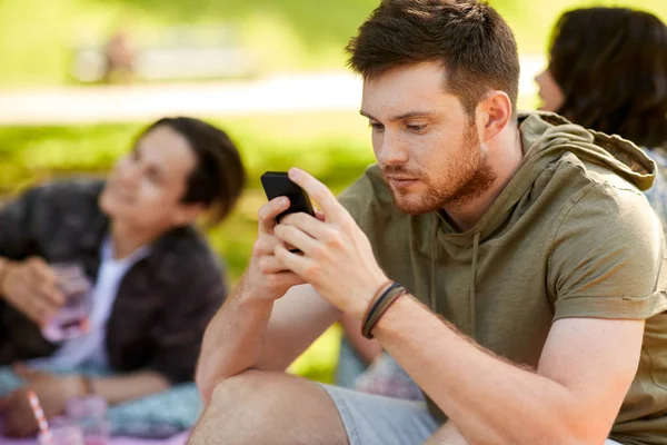 Hombre usando el teléfono inteligente en el picnic con amigos — Foto de Stock