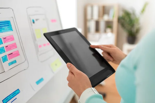 Close up of ui designer with tablet pc at office — Stock Photo, Image