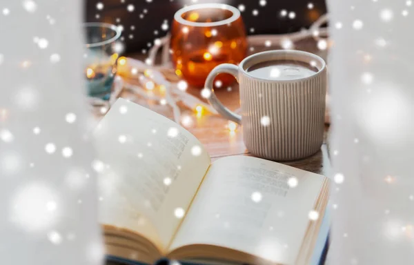 Bok och kopp kaffe eller varm choklad över snö — Stockfoto