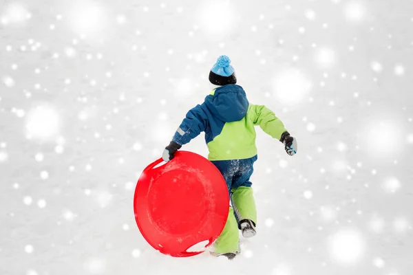 冬天的雪碟雪橇快乐男孩 — 图库照片