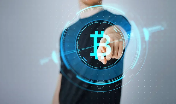 Close up of man with bitcoin hologram — Stock Photo, Image