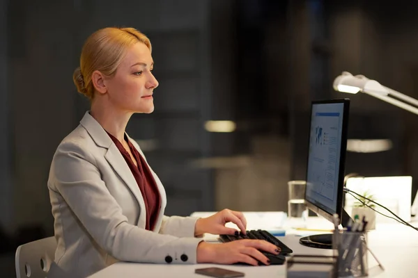 Mujer de negocios en la computadora trabajando en la oficina nocturna — Foto de Stock