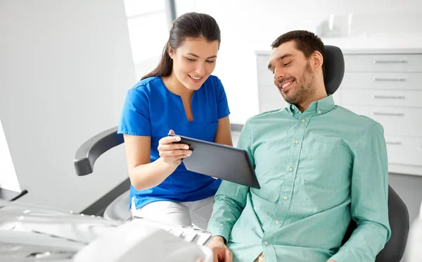 Dentista y paciente con tableta pc en la clínica — Foto de Stock