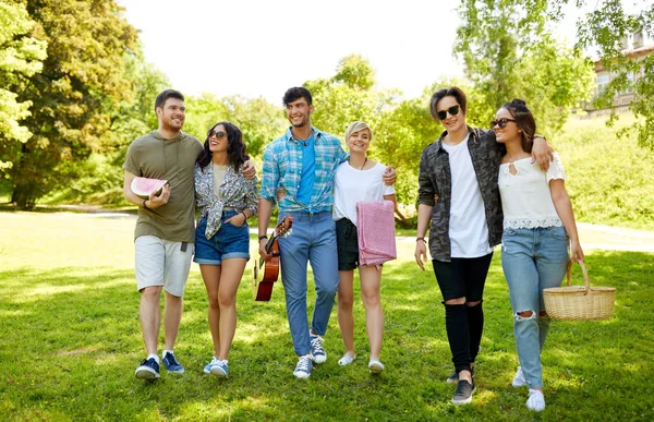 Amici con la chitarra andare al picnic al parco — Foto Stock