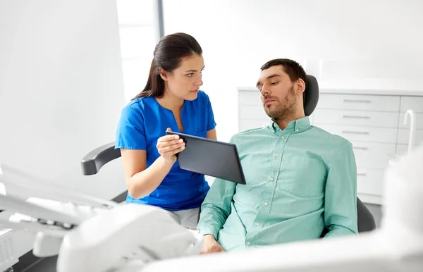 Стоматолог і пацієнт з планшетним ПК в клініці — стокове фото
