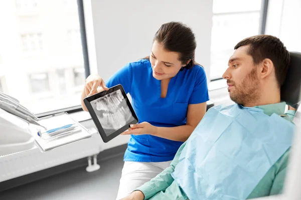 Стоматолог показывает пациенту панорамный рентген зубов — стоковое фото