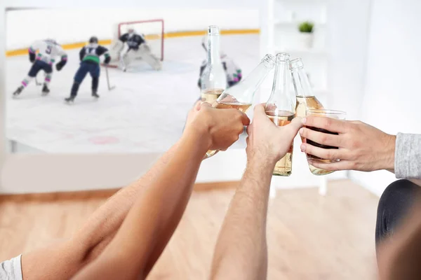 Přátelé sleduje lední hokej a pití piva — Stock fotografie